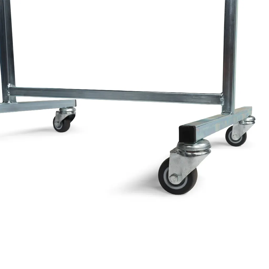 Mobile zinc stand for empty hangers.